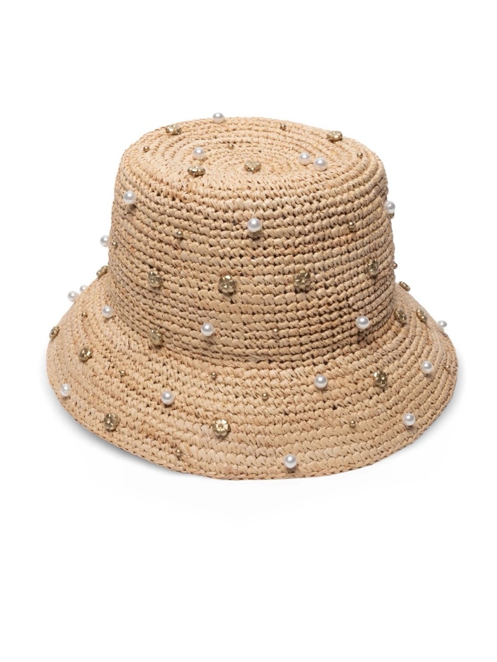 Pearl & Sequin Embellished Straw Bucket Hat - Natural